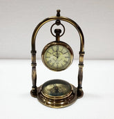 Antique Brass Table Clock Compass Style Nautical Maritime Ship Desk Clock Office Decor Solid Brass Beautifully Engraved Clock & Compass